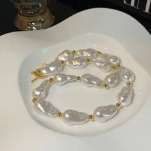 法国复古不对称巴洛克风格仿珍珠项链，女士时尚 Ot 扣颈链个性化锁骨链 - 白色 - 查看 7