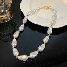 法国复古不对称巴洛克风格仿珍珠项链，女士时尚 Ot 扣颈链个性化锁骨链 - 白色 - 查看 6