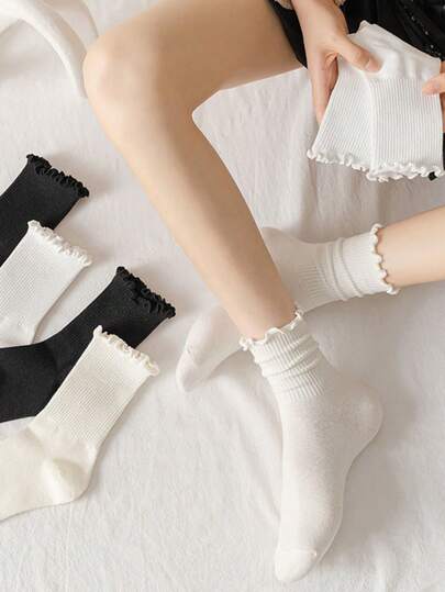 6 双/套女士个性化中筒袜，蕾丝和蘑菇图案，三种颜色可选，秋季