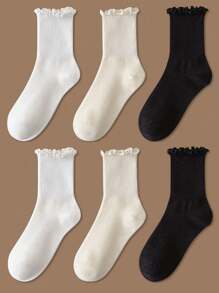 6pairs/Set Women's Personalized Mid-Calf Socks, Lace & Mushroom Pattern, Three Colors Available, Fall