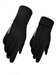 1 双女士冬季保暖内衬针织袖口绒面手套，带触摸屏功能，适合骑行户外活动 - 黑色 - 查看 1