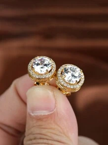 Vanel 1對經典圓形半成品白色鋯石耳環,適用於女性奢華時尚珠寶（銅質材料較軟,耳針可手動拉直） - 金黃色 - 查看 4