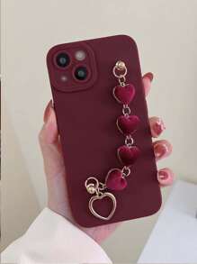 1pc Solid Color Furry Heart Chain Phone Case Compatible With IPhone - Burgundy - View 1