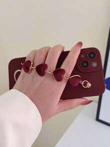 1pc Solid Color Furry Heart Chain Phone Case Compatible With IPhone - Burgundy - View 3