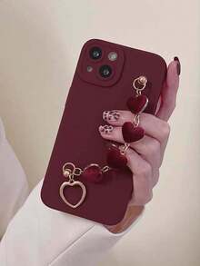 1pc Solid Color Furry Heart Chain Phone Case Compatible With IPhone - Burgundy - View 2