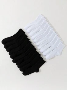 20雙女性中筒襪,黑色&白色豎條紋圖案,平底針織,休閒,透氣,和防異味