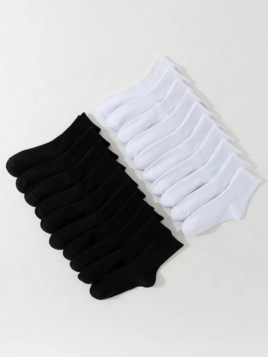 20雙女性中筒襪,黑色&白色豎條紋圖案,平底針織,休閒,透氣,和防異味