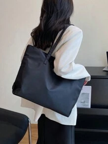 1個黑色尼龍大容量手提包,簡單的學院風肩背包,適合女性的日常使用或旅行 - 黑色 - 查看 2