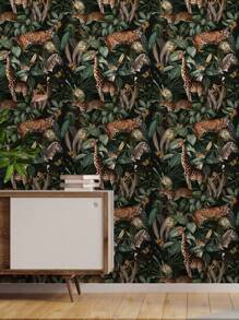 1pc 17.7in*78.7in Forest Green Leaf Wallpaper With Peel And Stick Giant Animal Wall Mural Featuring Giraffe, Zebra, Leopard And Elephant, Waterproof Removable Home Decoration - Black - View 4