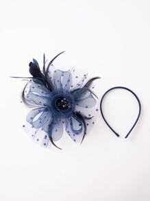 2pcs/set Ladies' Navy Blue Feather, Bead & Mesh Fascinator, Perfect For Parties, Banquets And Daily Wear - Navy Blue - View 3