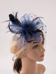 2pcs/set Ladies' Navy Blue Feather, Bead & Mesh Fascinator, Perfect For Parties, Banquets And Daily Wear - Navy Blue - View 1