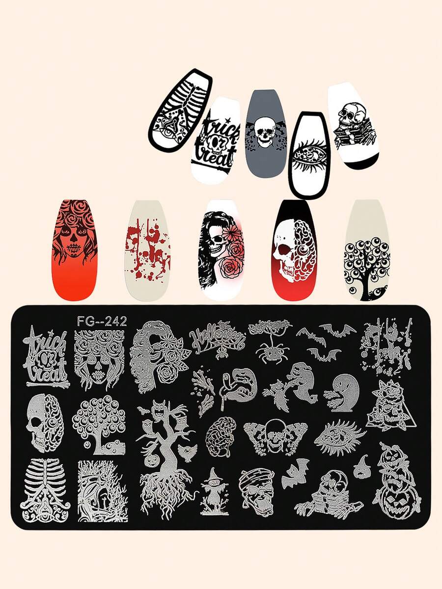 美甲不銹鋼燙金板帶藍色保護膜萬聖節系列南瓜骷髏設計印刷模板 - 彩色 - 查看 1