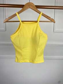 Blusa cropped canelado nadador alça fina com bojo feminino estilo - Amarelo - Visão 1