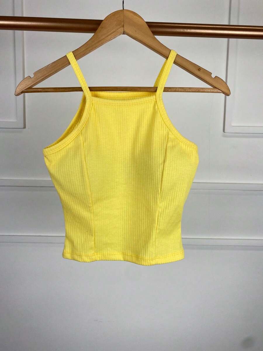 Blusa cropped canelado nadador alça fina com bojo feminino estilo - Amarelo - Visão 1