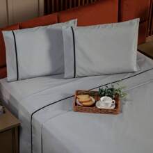 Jogo de Cama Lençol Milano Liso Queen 04 Peças - Percal Algodão 200 Fios com Fronhas Acabamento Viés - Cinza - Visão 3