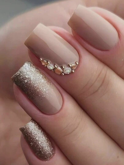 Enhance Your Elegance With 24pcs Medium-Long Elegant Glitter Rhinestone Square Nail Set, Suitable For Students, Office Workers And Daily Wear Press On Nails Nail Supplies