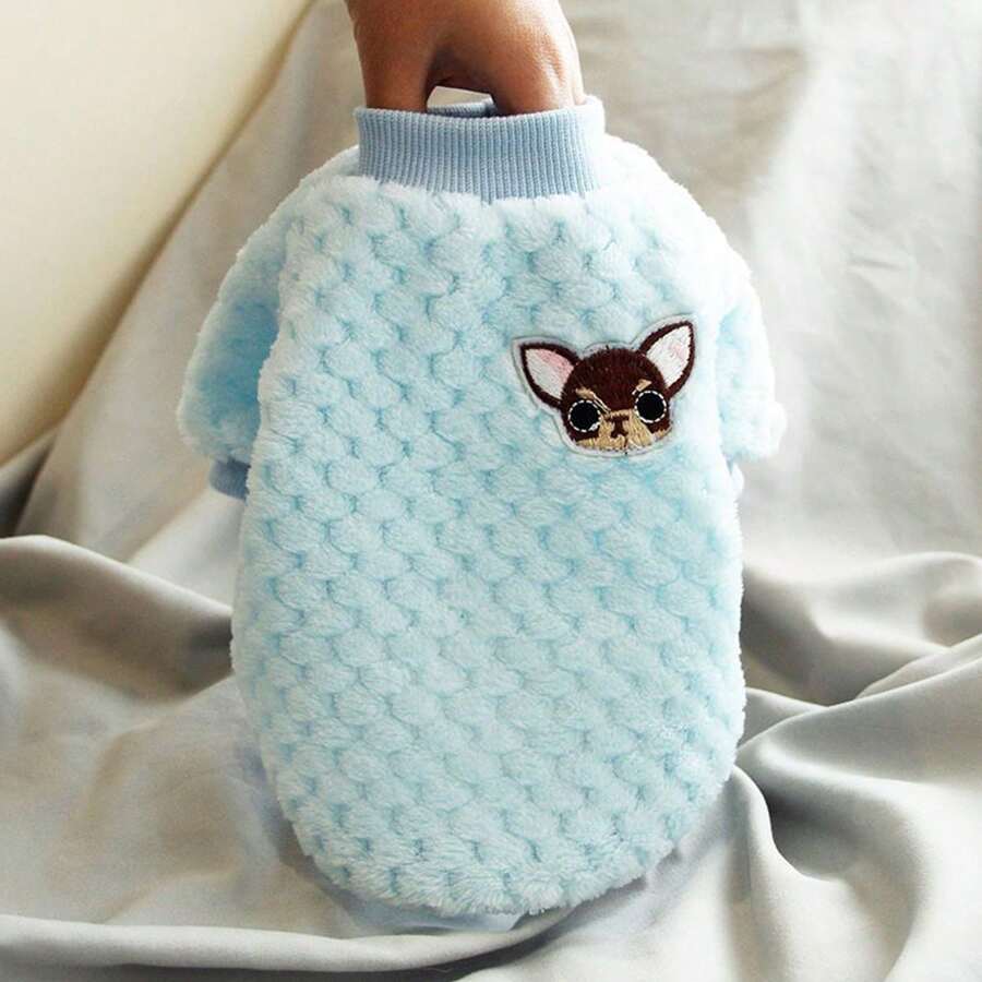 1件寵物冬季服裝,適用於狗,吉娃娃印花貓狗連帽絨毛衣,兩腳 - 藍色 - 查看 1