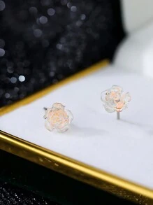 時尚1對925純銀高級彩色白玫瑰耳環甜美優雅風格設計，適用於珠寶禮物