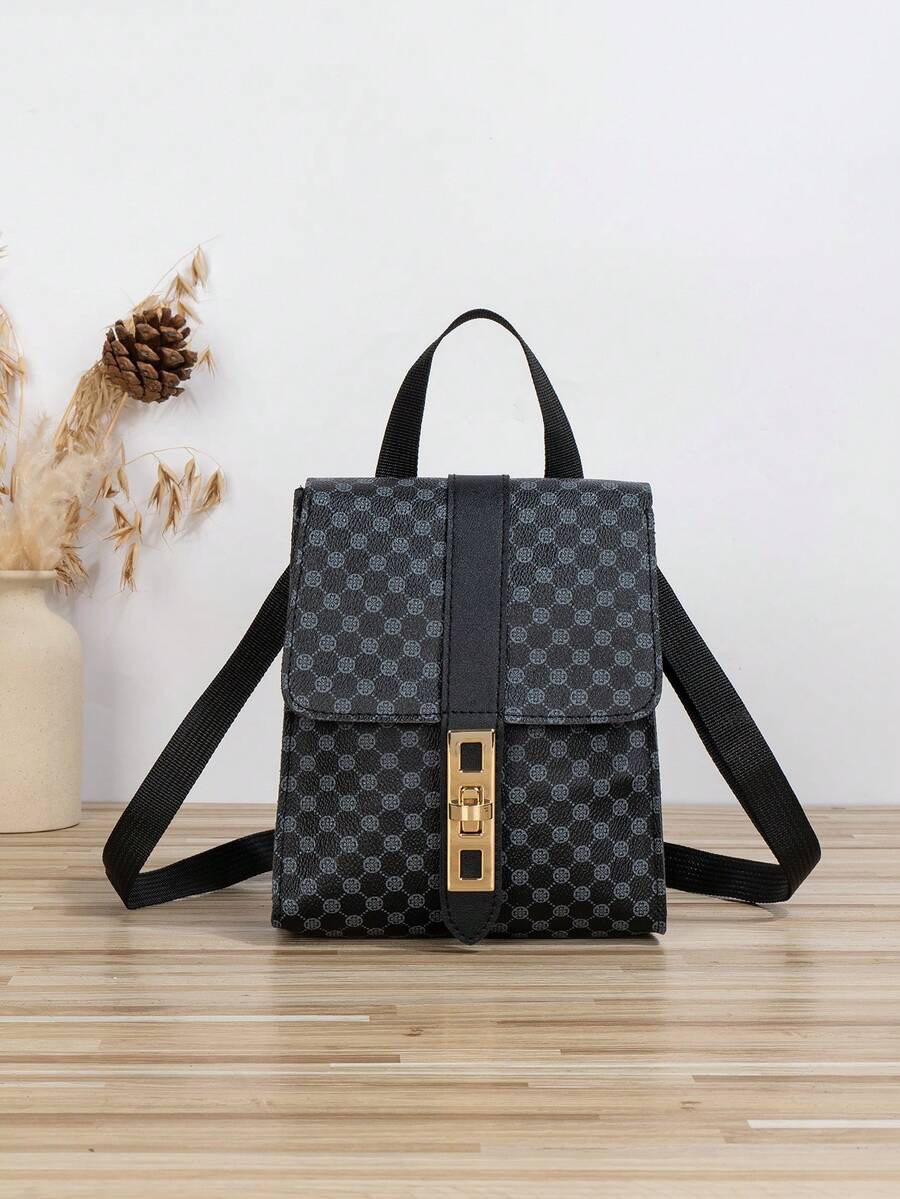 復古三葉草圖案女式單肩手提包 - 黑色 - 查看 1