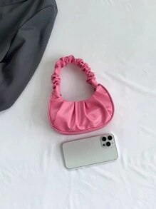 Mini Solid Pink Cloud-Shaped Handbag With Wrinkles For Teen Girls - Watermelon Pink - View 4