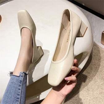 Women's Simple And Versatile Light-Colored Low Vamp Mid-Heel Shoes For Work Or A Date, Spring, Summer And Autumn