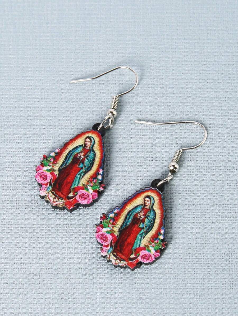 Conjunto De Colgante De Acrílico De Virgen María Y Aretes De Acrílico De Dibujos Animados - Multicolor - Ver 1