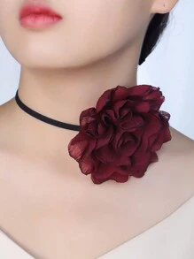 1pc Fabric Multi-Layered Flower Decor Necklace For Women, Fashionable French Style, Sweet & Elegant For Travel - Burgundy - View 1
