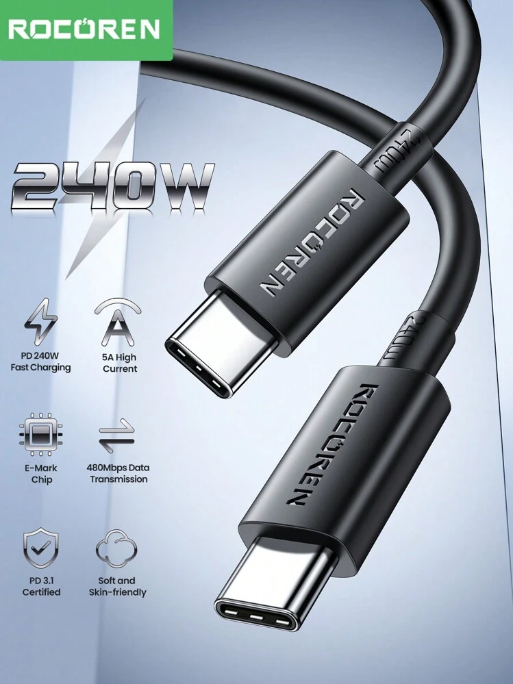 Rocoren 240W USB C כבל PD3.1 תואם כלפי מטה עם 140W 100W C לסוג C כבל טעינה מהירה עבור Pro/Air, IPad Pro, Laptop תואם עם 15 Pro Max 48V 5A חוט - שחור - ראה 1