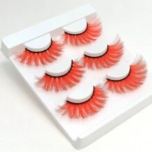 3對明亮的紅色3d條紋假睫毛貓眼蓬鬆帶色假睫毛,適用於派對cosplay萬聖節 - 紅色 - 查看 1
