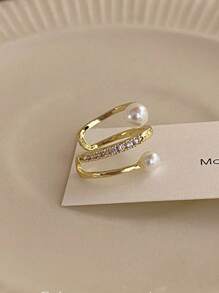 1對s925銀製人造珍珠和立體切割方形氧化鋯石耳夾,優雅多變,適用於日常佩戴婚禮訂婚新娘珠寶 - 金色 - 查看 5