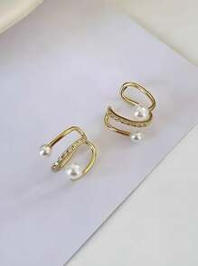 1對s925銀製人造珍珠和立體切割方形氧化鋯石耳夾,優雅多變,適用於日常佩戴婚禮訂婚新娘珠寶 - 金色 - 查看 7