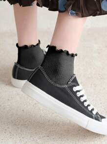 1/3/5/10 pares de calcetines cortos para mujer de color liso, estilo japonés dulce y lindo, con ribete de volantes, moda minimalista - Negro - Ver 8