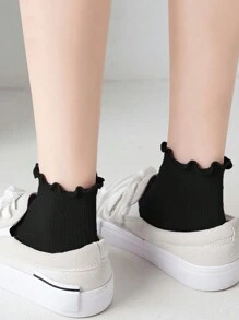 1/3/5/10 pares de calcetines cortos para mujer de color liso, estilo japonés dulce y lindo, con ribete de volantes, moda minimalista - Negro - Ver 6