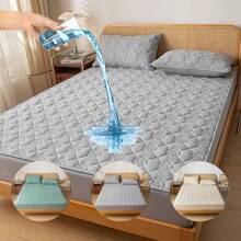 1 Funda De Colchón Impermeable, Funda De Cama Elástica Con Patrón De Color Sólido Para Cama Doble Tamaño Queen King, Cómodo Protector De Cama - Gris Claro - Ver 1