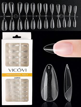 240入組中號杏仁形透明假指甲，全覆蓋壓克力假指甲，12個尺寸假指甲，適用於擴展造形柔軟凝膠指甲技巧，美甲沙龍女性美甲用品