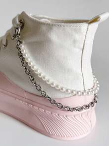 1入簡約多功能假珍珠雙層鏈鞋裝飾 - 銀色 - 查看 2