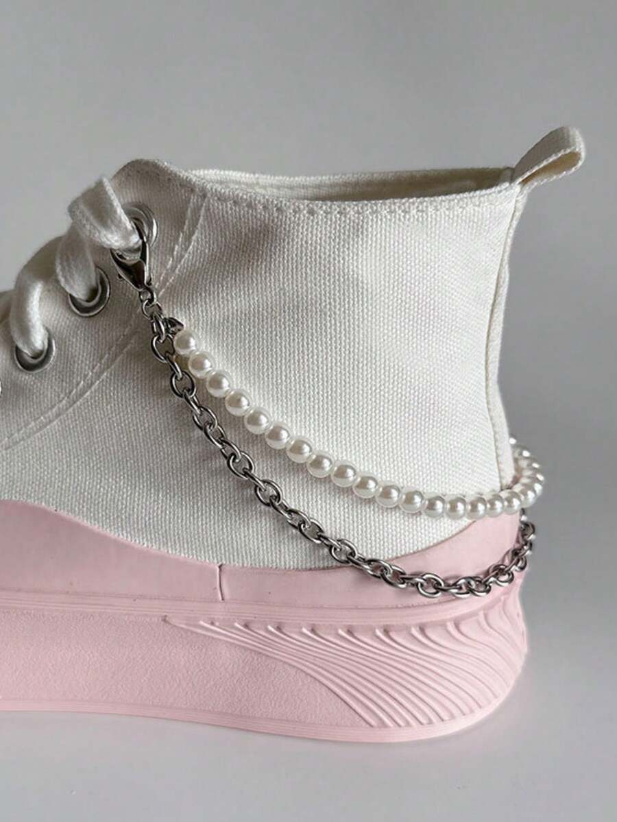 1入簡約多功能假珍珠雙層鏈鞋裝飾 - 銀色 - 查看 1