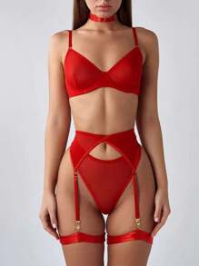 Conjunto De Lencería De Malla Transparente Sexy - Rojo - Ver 2