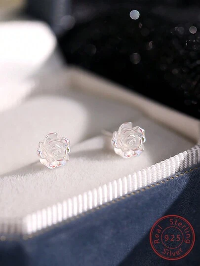 時尚1對925純銀高級彩色白玫瑰耳環甜美優雅風格設計，適用於珠寶禮物