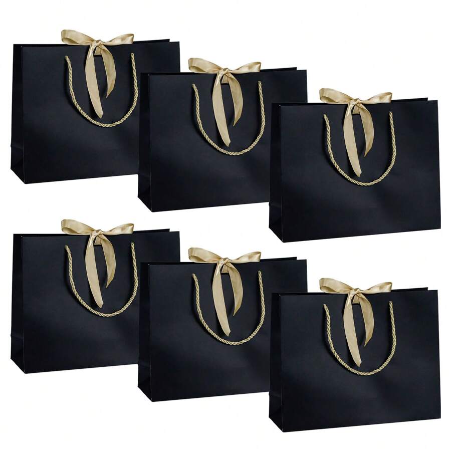 6 件/包 12.6 英寸礼品袋，带黑色丝带手柄，适用于婚礼、生日派对、糖果、饼干、衣服、购物袋、圣诞节 - 黑色 - 查看 1