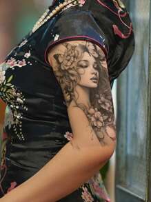 STARTTOOS 1pc Women's Butterfly & Flower Pattern Large Flower Temporary Tattoo Sticker For Arm/Chest/Back - Black - View 4