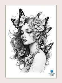 STARTTOOS 1pc Women's Butterfly & Flower Pattern Large Flower Temporary Tattoo Sticker For Arm/Chest/Back - Black - View 3