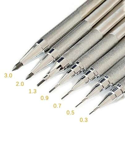 1 pieza Juego completo de portaminas mecánicos de 0.3/0.5/0.7/0.9/1.3/2.0/3.0 mm con minas, lápices de dibujo de metal para arte para suministros de oficina y escuela