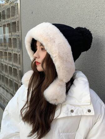 女士冬季兔毛针织帽韩版ins风适合圆脸保暖加厚保暖内衬耳套帽子可爱