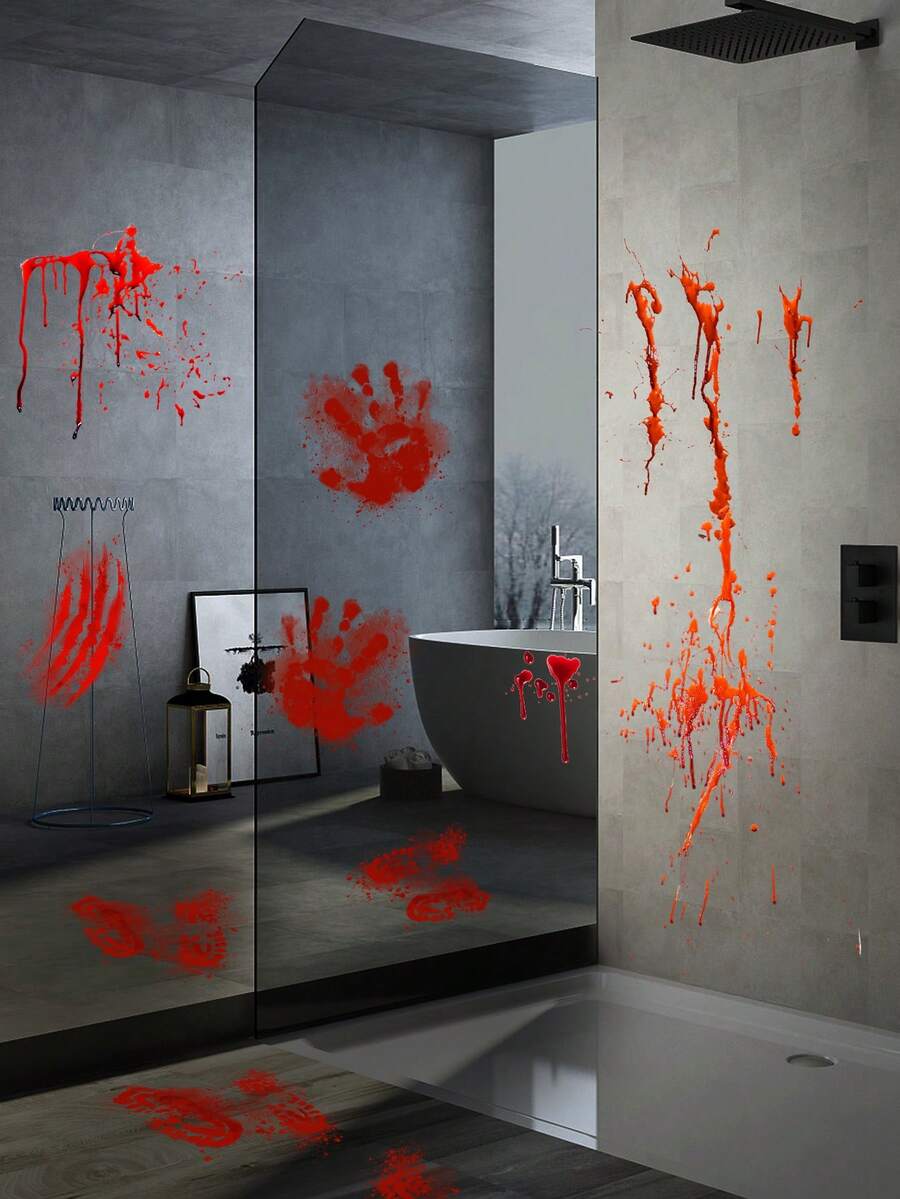 1 件万圣节装饰贴纸，防水 PVC 恐怖墙贴血迹、骷髅、血手印图案，适用于卧室、客厅、卫生间、万圣节装饰窗贴 - 紅色 - 查看 1