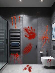 1 件万圣节装饰贴纸，防水 PVC 恐怖墙贴血迹、骷髅、血手印图案，适用于卧室、客厅、卫生间、万圣节装饰窗贴 - 紅色 - 查看 3
