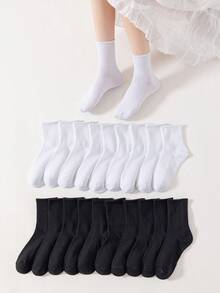 20雙女性中筒襪,黑色&白色豎條紋圖案,平底針織,休閒,透氣,和防異味