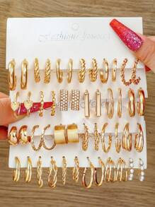 Bộ bông tai hình trái tim, hình vuông & hình học bằng kim loại mới đến dành cho trang phục hàng ngày của phụ nữ - Vàng - Xem 1