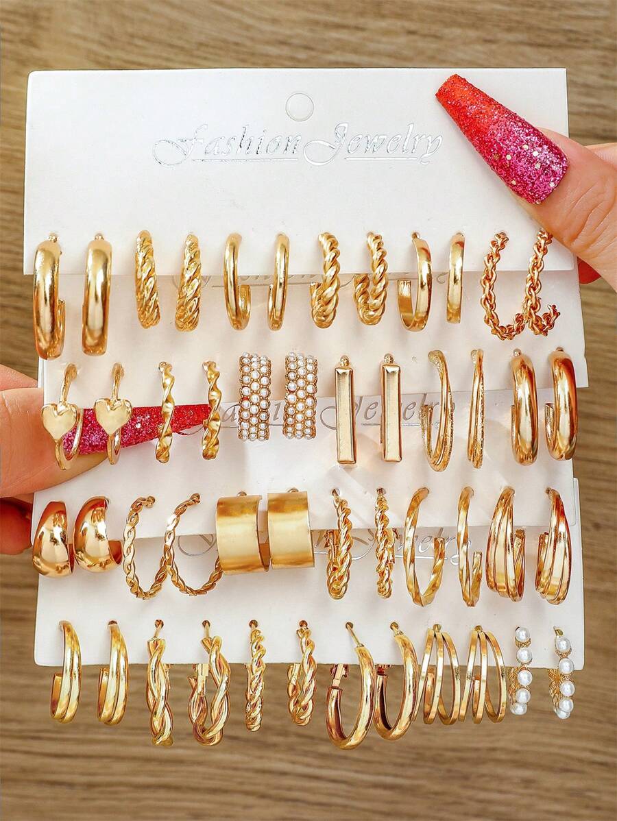 Bộ bông tai hình trái tim, hình vuông & hình học bằng kim loại mới đến dành cho trang phục hàng ngày của phụ nữ - Vàng - Xem 1