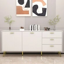 Buffet Sideboard with 3 Drawers & 2 Doors Storage, Buffet Cabinet Sideboard Credenza Coffee Bar Cabinet, Metal Legs, for Dining Room and Living Room (62.9”W x 15.7”D x 27.5”H)